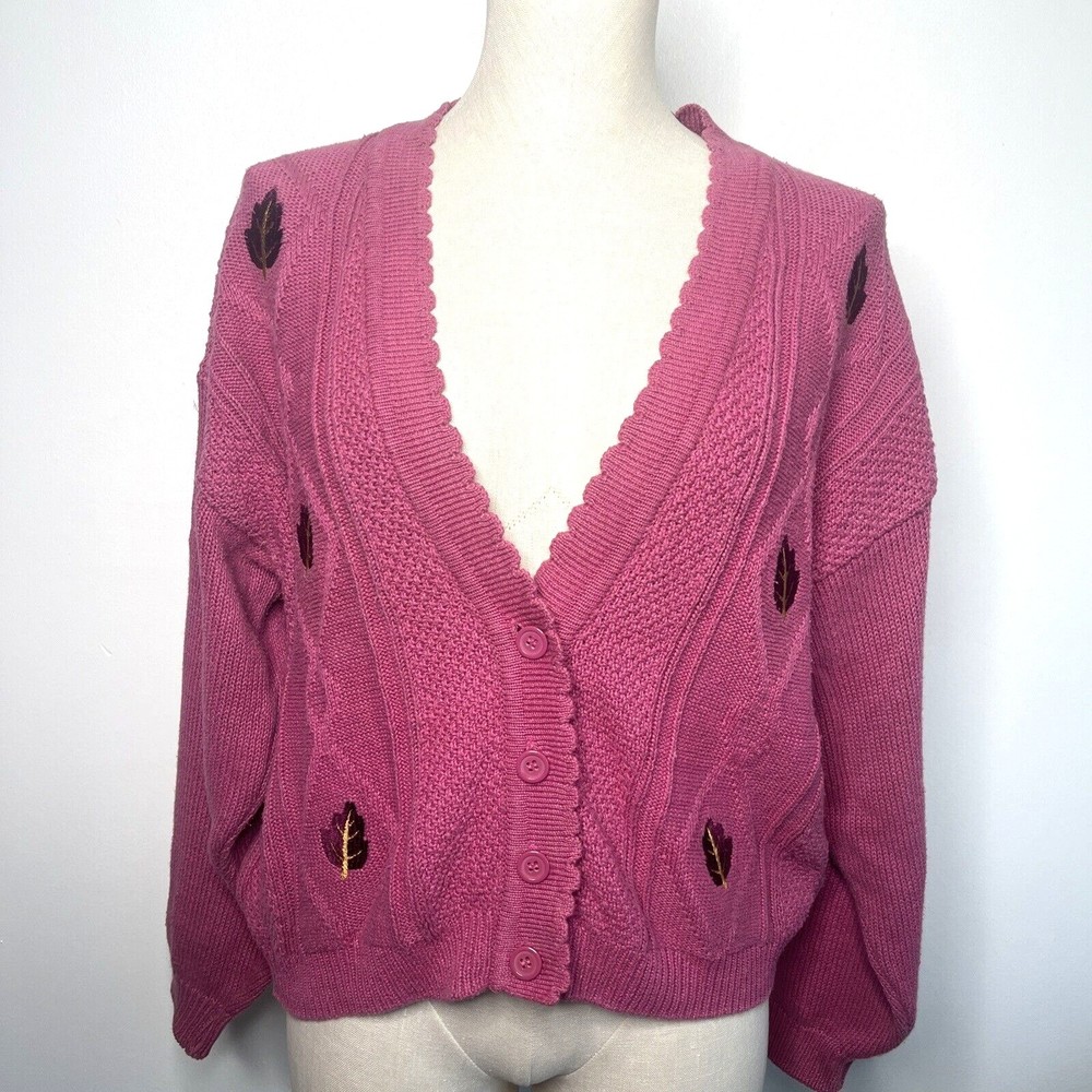 Vintage Hunters Glen Sweater Fall Leaves Rose Pink Button Cardigan MP